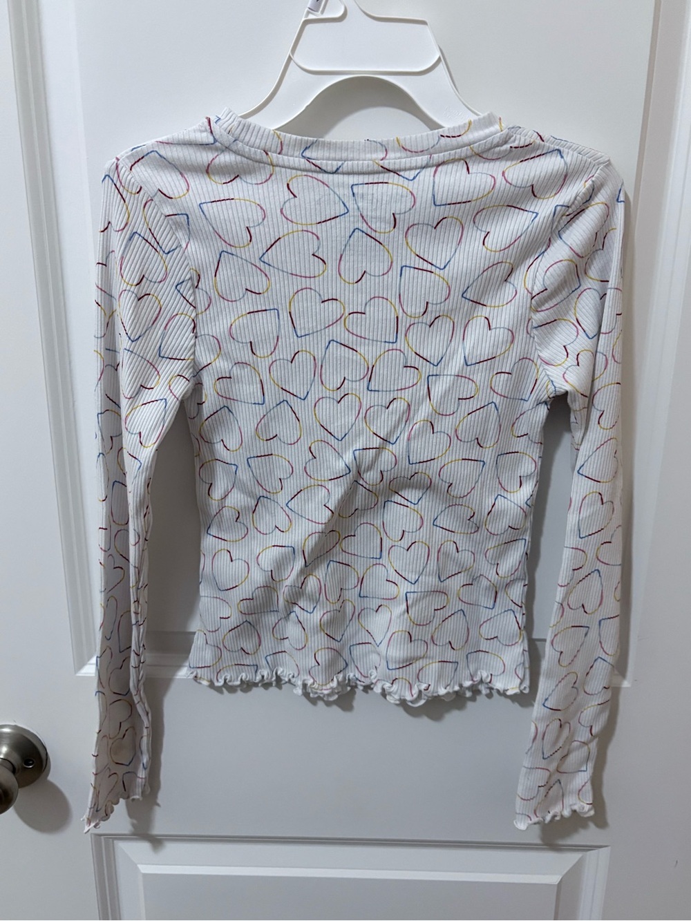 3/$10 - White Long Sleeve Ribbed Top with Multicolor Heart Print